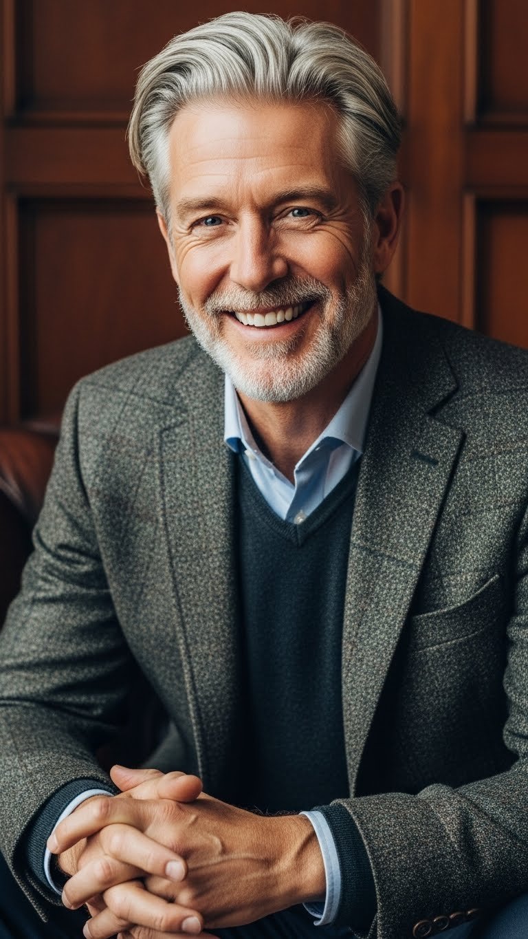 Distinguished man over 50 with refined silver hairstyle in classic study setting conveying timeless elegance