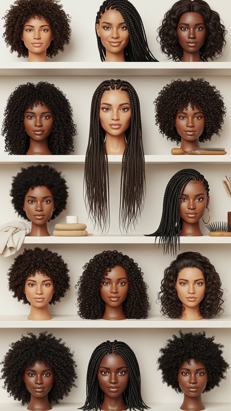 Diverse hair types mosaic including coiled natural hair, braids, and curls on clean white surface
