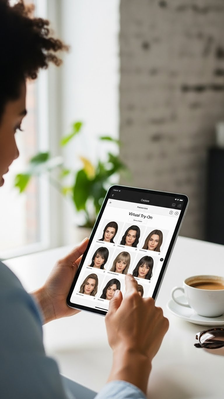 Diverse person using virtual hairstyle try-on app on tablet screen in modern home setting with natural lighting.