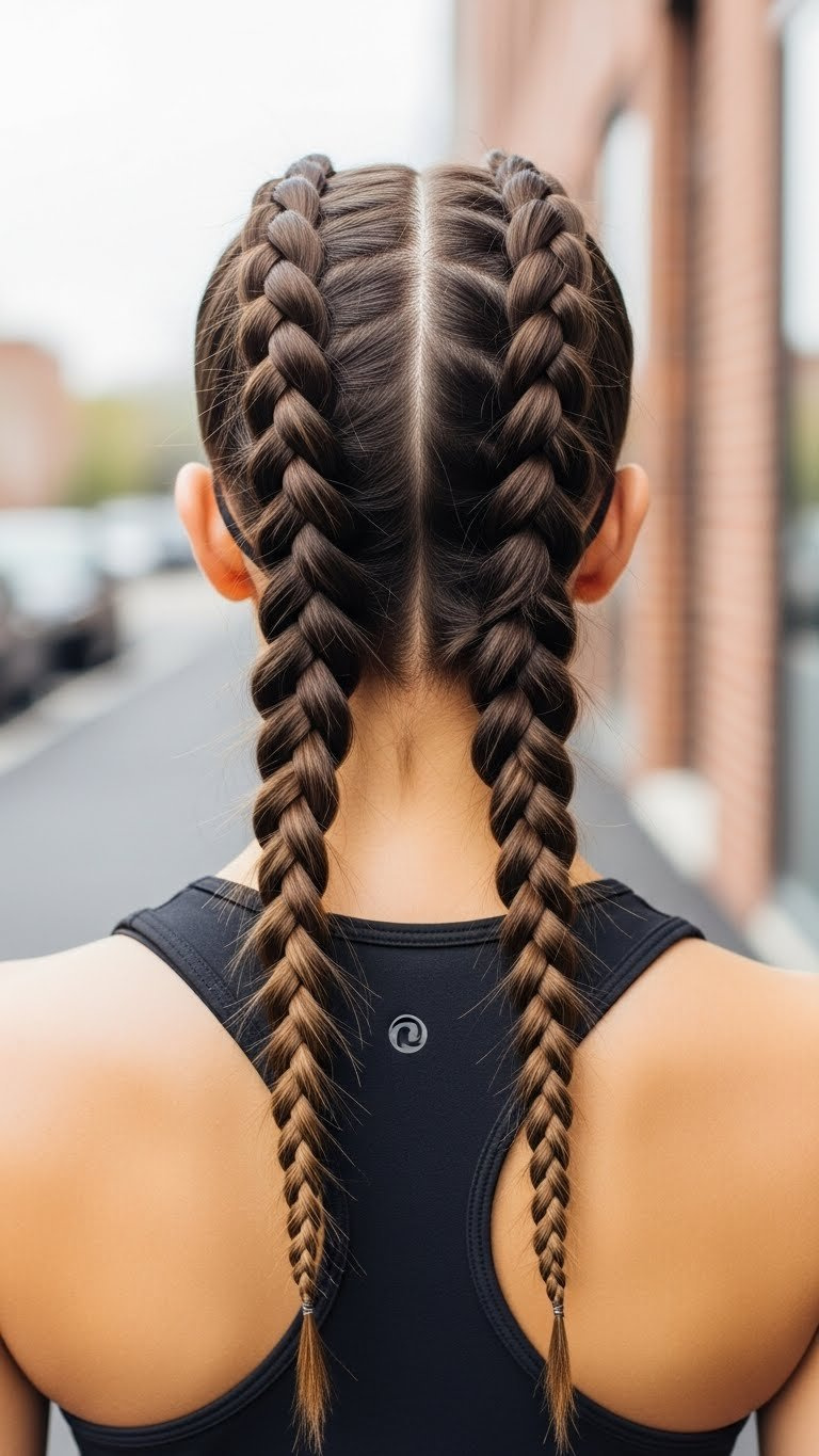 Double Dutch braids on medium length hair with raised symmetrical design in urban gym environment