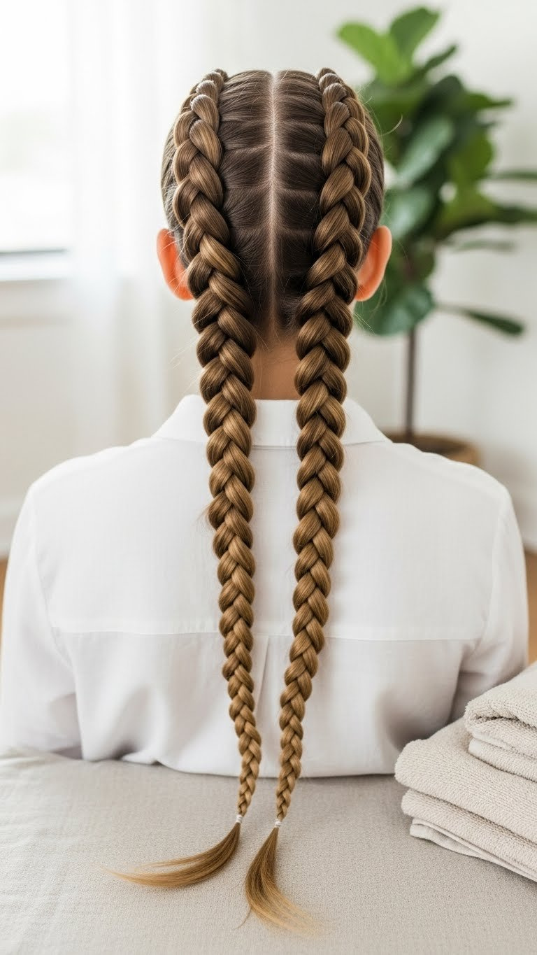 Double French braids created from knotless braids with neat finish styling