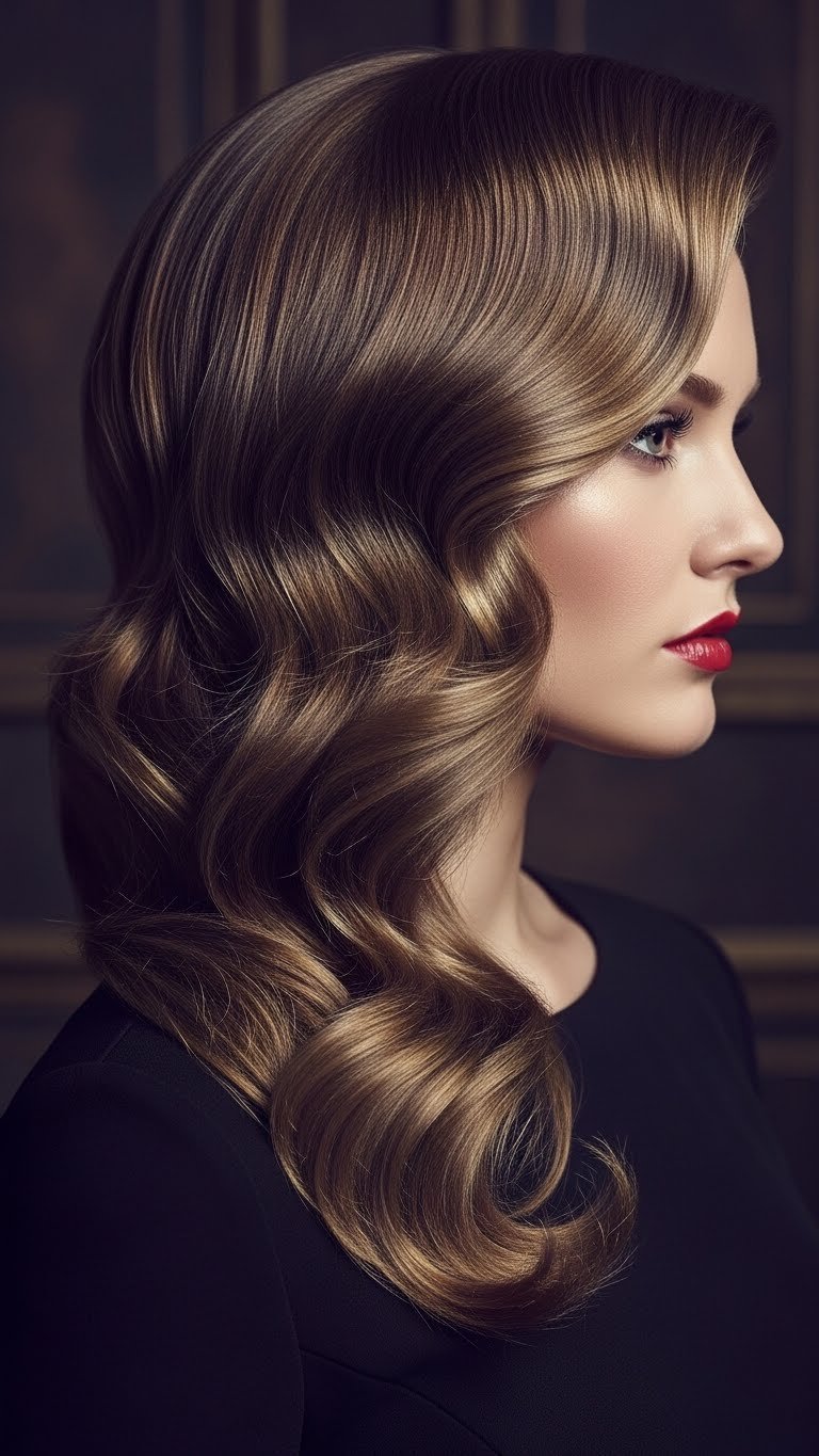 Dramatic side-swept waves cascading over shoulder with old Hollywood glamour against dark textured backdrop.
