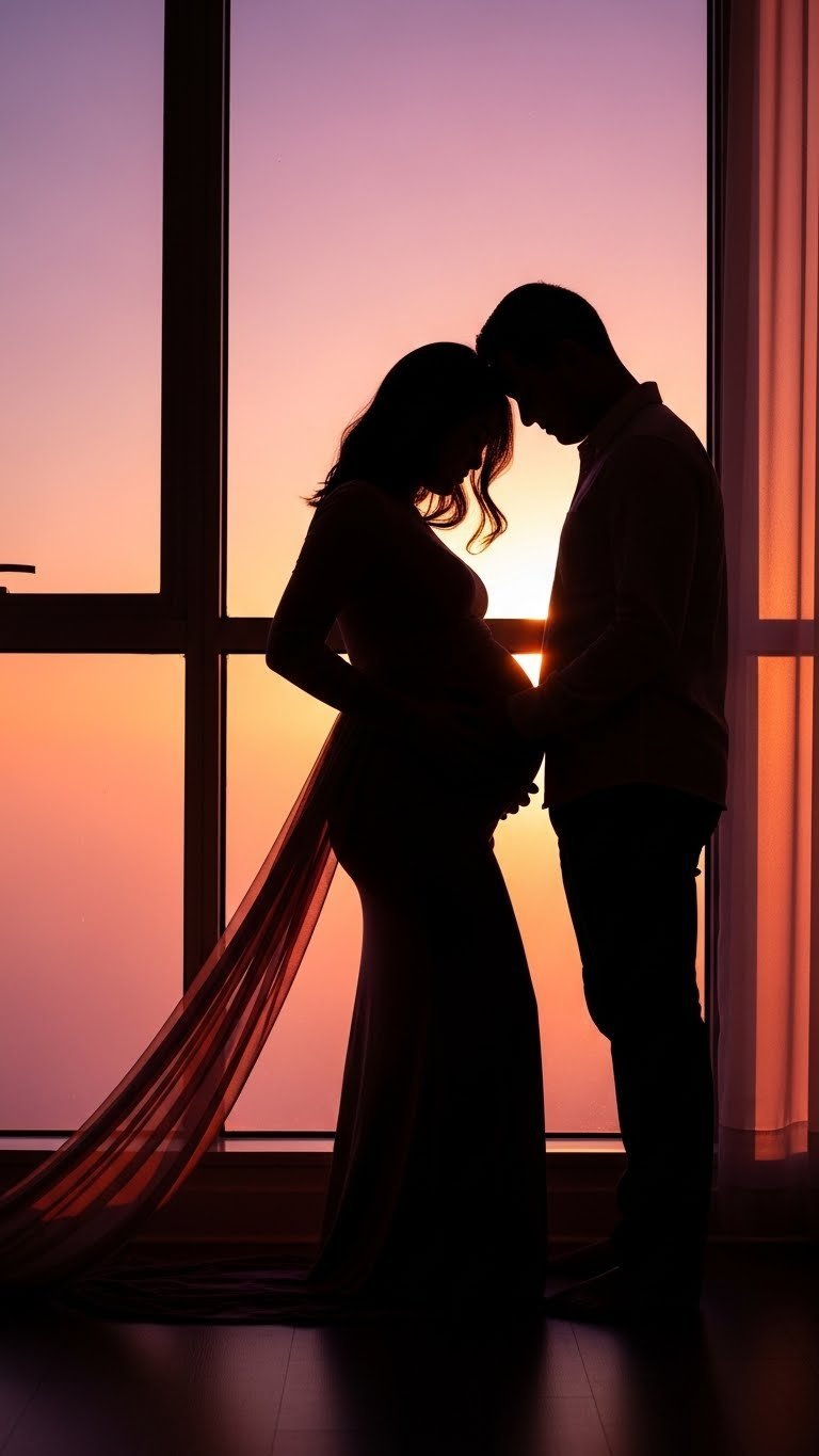 Dramatic silhouette maternity photoshoot with pregnant woman's profile against vibrant sunset background
