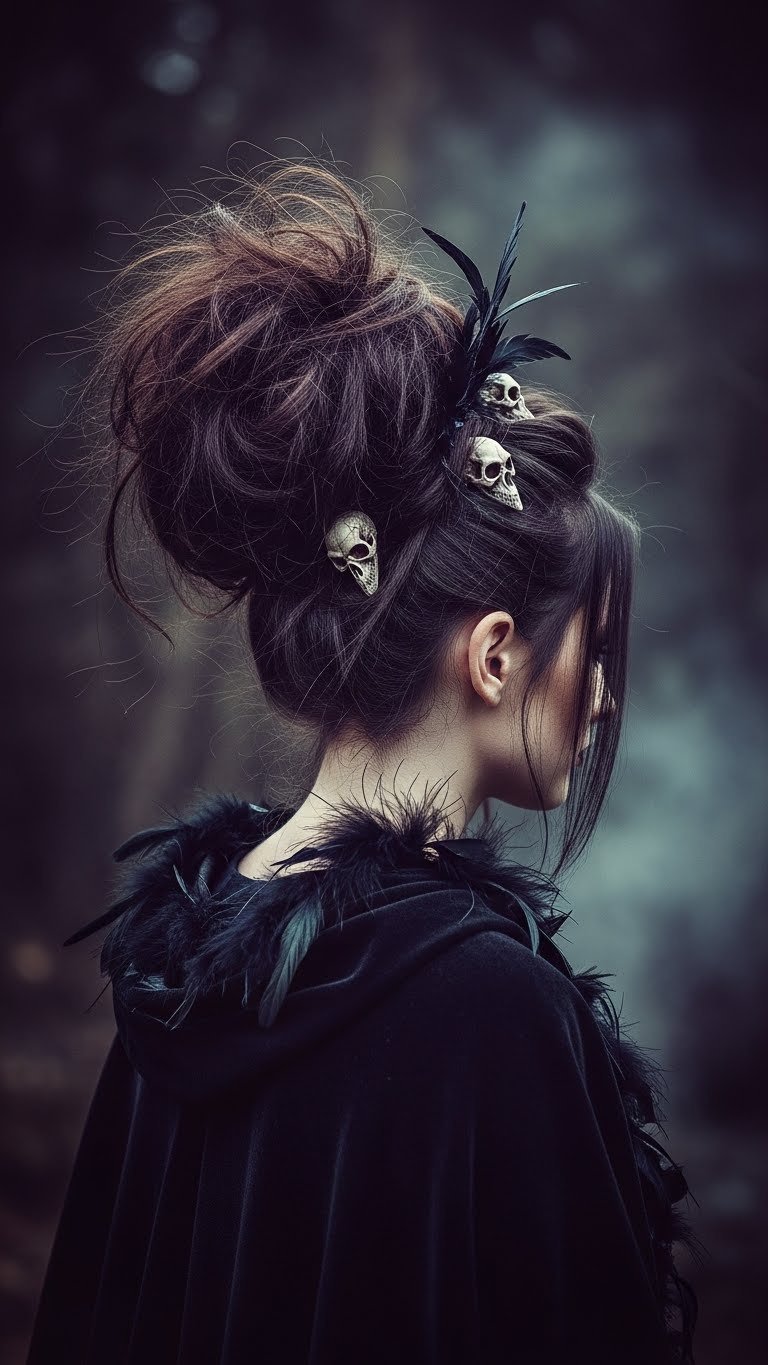 Dramatic witch updo hairstyle with feathered accessories and dark colors against enchanted forest background