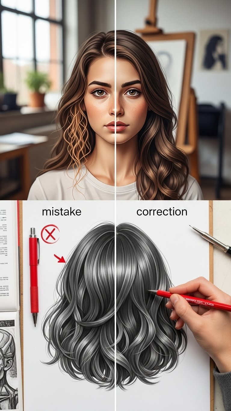 Drawing correction comparison showing common hair mistakes versus improved realistic versions