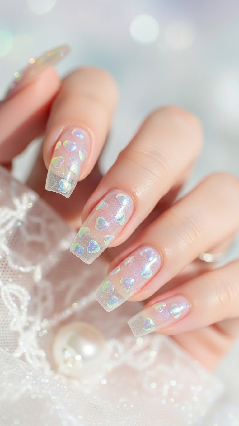Dreamy iridescent chrome nails with scattered tiny rainbow hearts shimmering in soft natural light