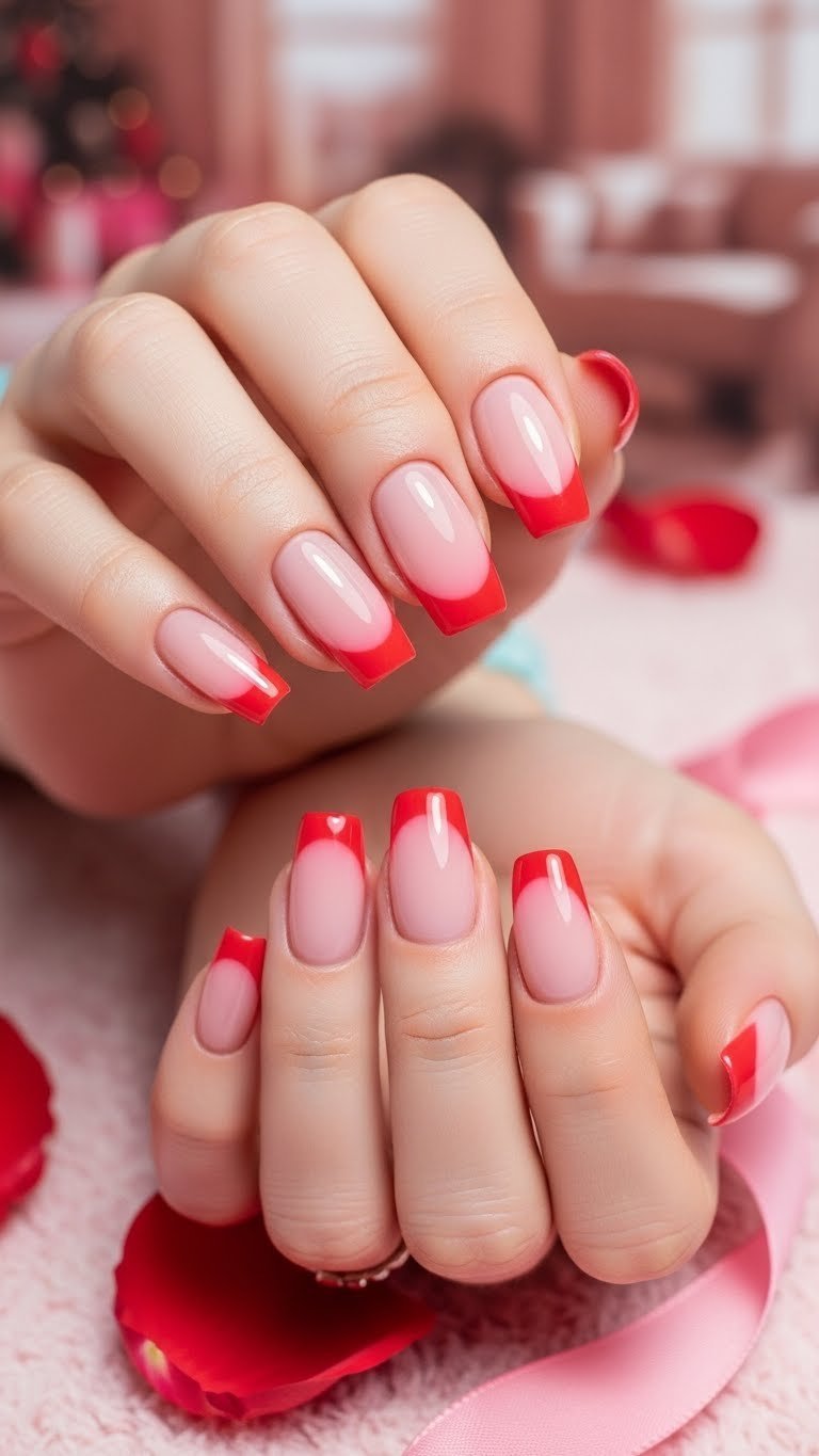 Dreamy pink and red ombré french tip nails with seamless gradient transition against soft plush blanket background