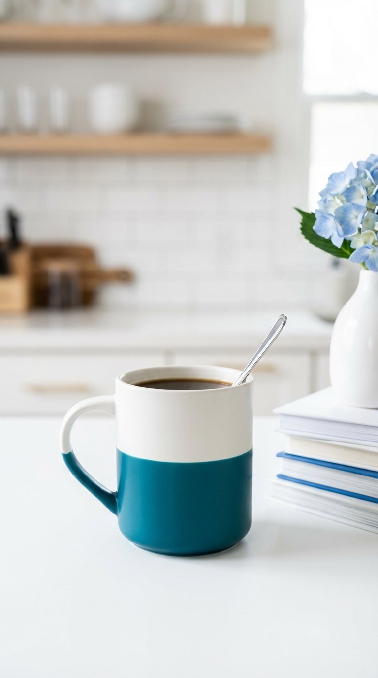 Duo-tone dipped effect ceramic mug with crisp white and teal color separation on modern kitchen countertop