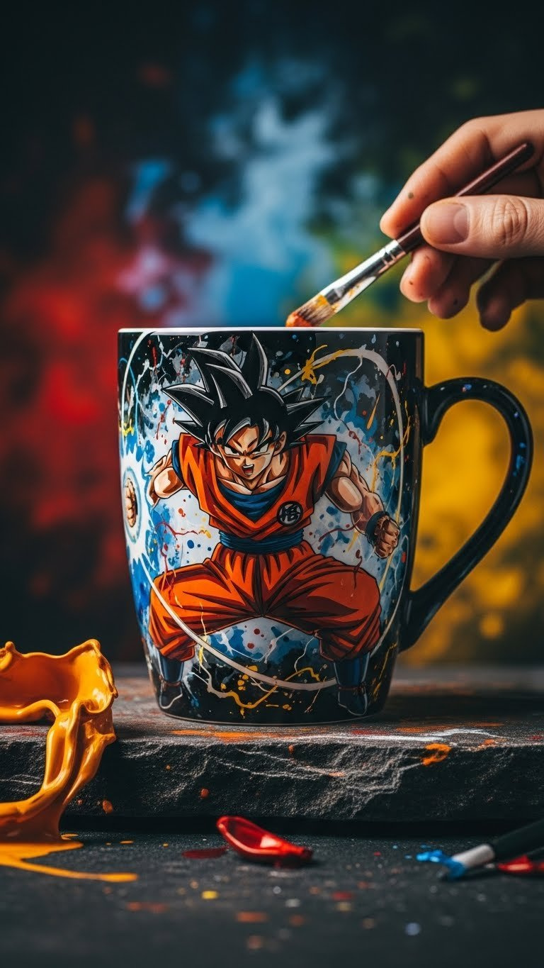Dynamic anime action character painted ceramic mug on rugged stone with dramatic lighting.