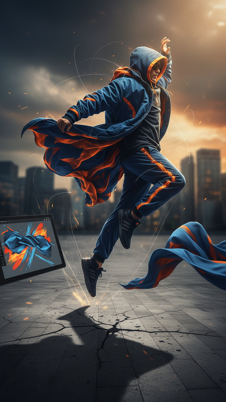 Dynamic character pose with flowing clothing showing motion and fabric movement in action sequence