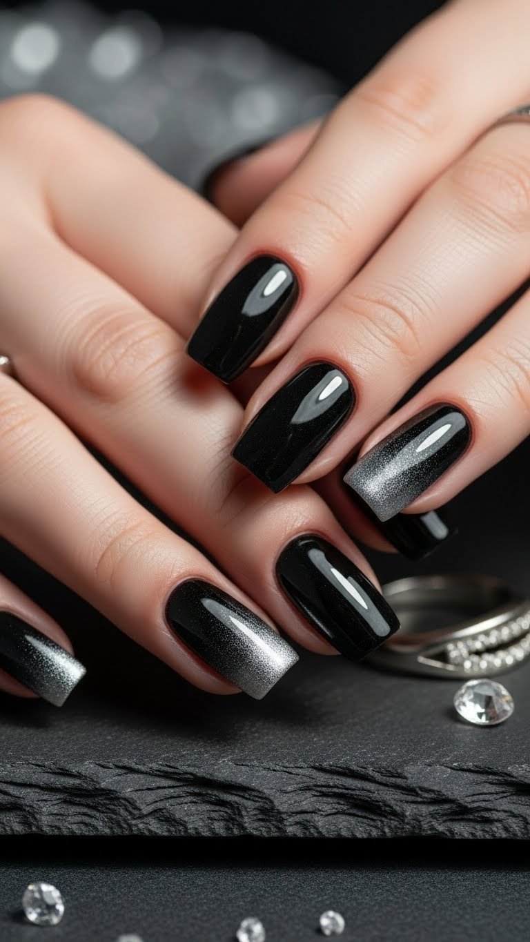 Dynamic close-up of black chrome nails with silver shimmer on dark textured stone surface