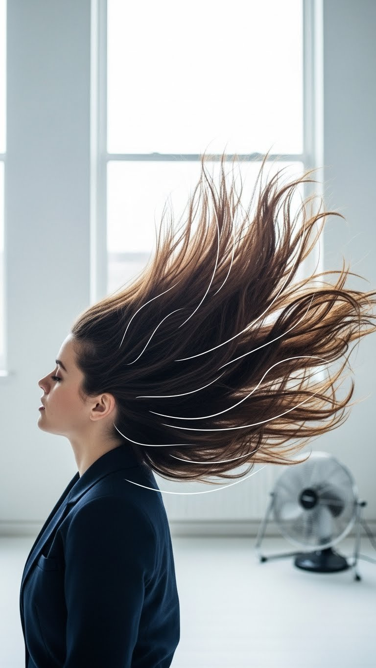 Dynamic flowing hair drawing with dramatic wind-swept movement and defined strands on white background