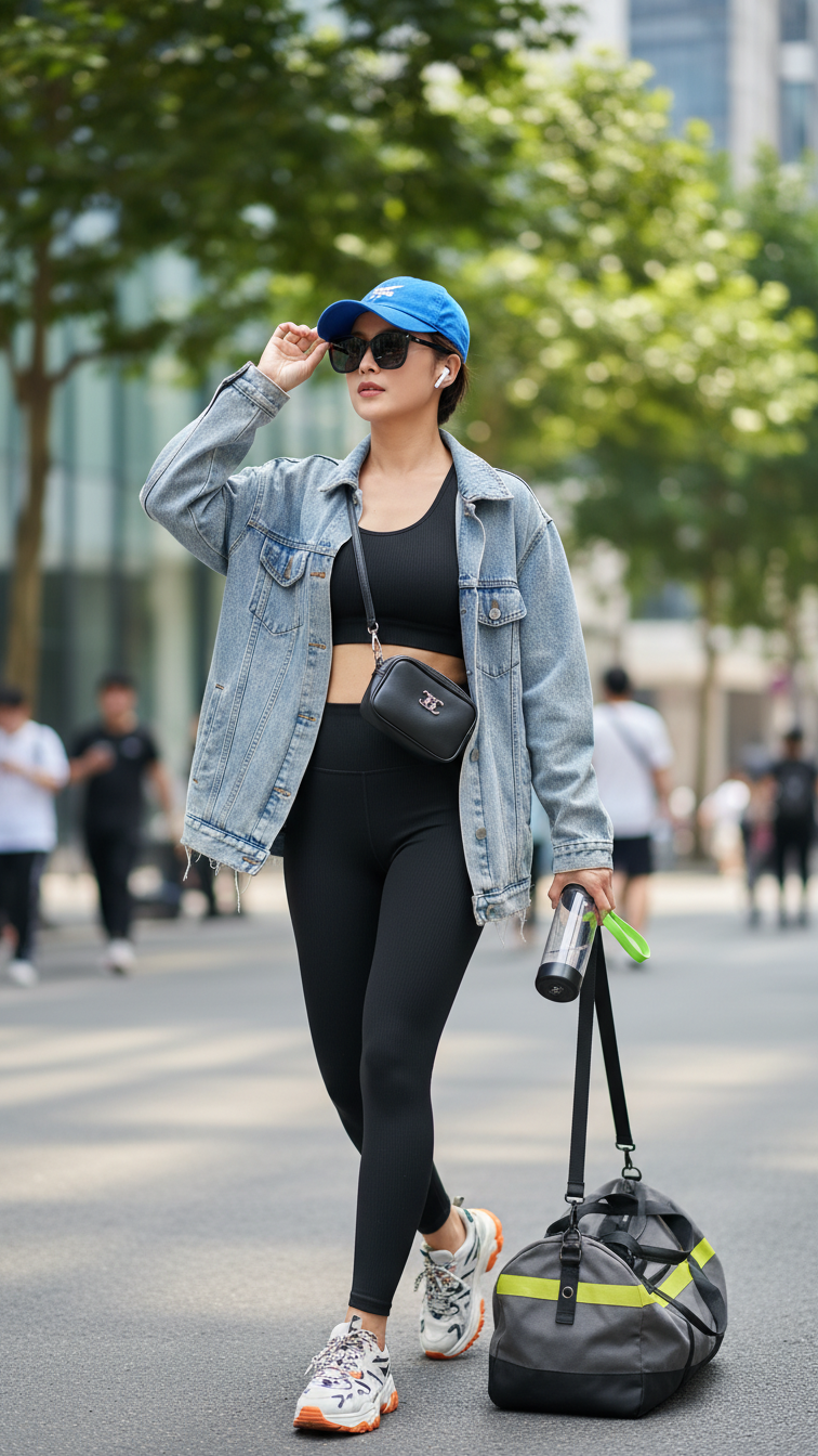 Dynamic individual showcasing athleisure fusion outfit with sports bra and oversized denim jacket in urban park