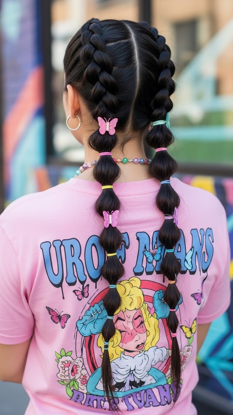 Dynamic medium shot of vibrant Y2K double bubble braids with colorful hair ties on long dark hair, set against blurred street art.