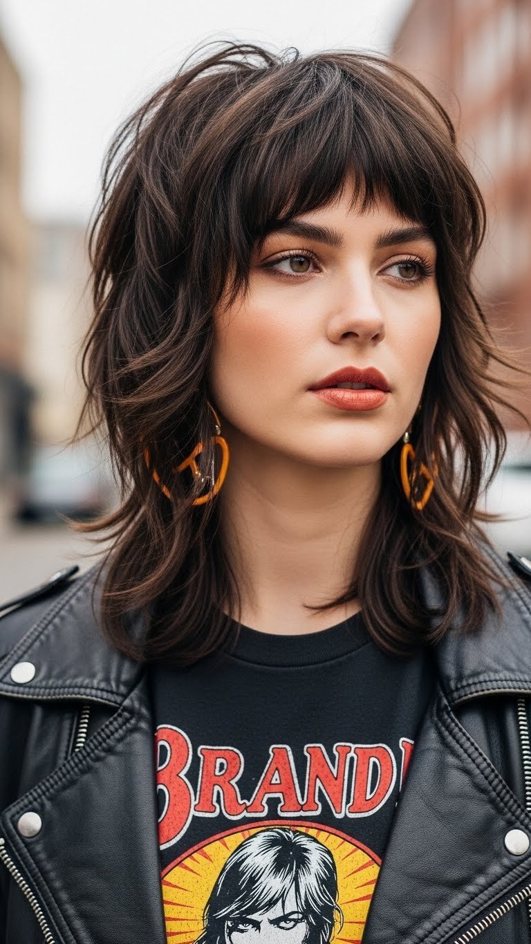 Dynamic shag haircut with choppy layers and bangs against vintage band t-shirt for edgy retro winter vibe