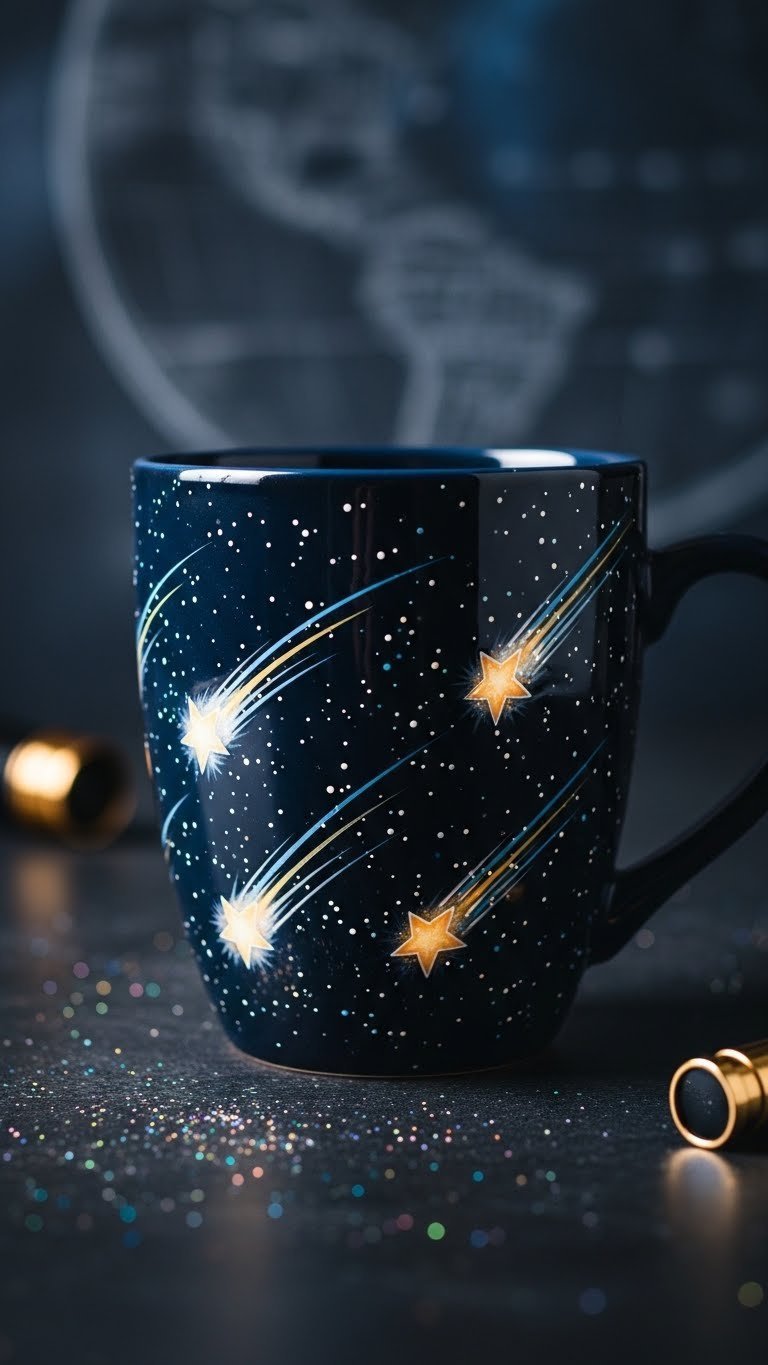 Dynamic shooting stars painted ceramic mug with streaking luminous tails against polished dark surface background