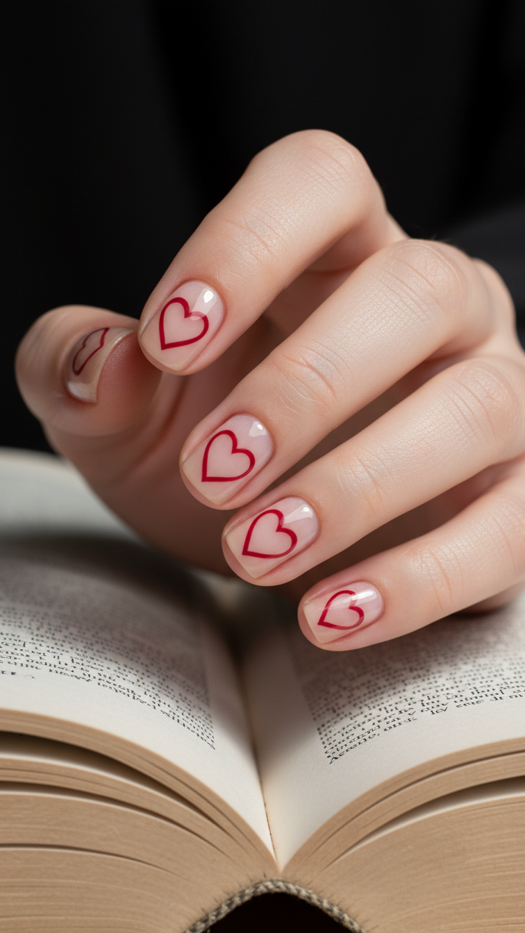 Dynamic shot of short nails with minimalist negative space red heart design resting on open book pages