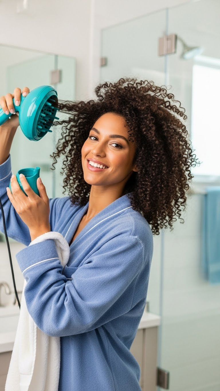 Dynamic shot of woman actively diffusing her wet 3c curly hair in bright modern bathroom setting