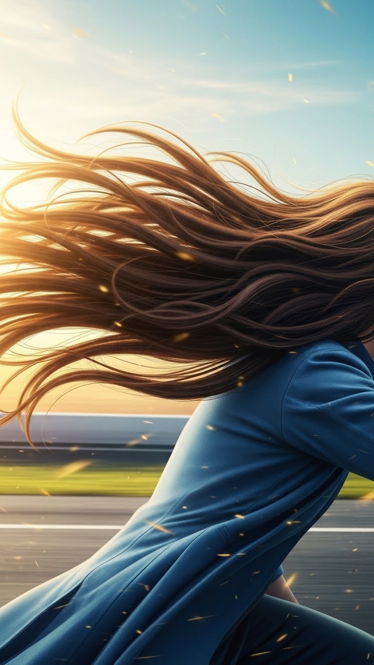 Dynamic windswept hair flowing in action with motion blur against energetic background