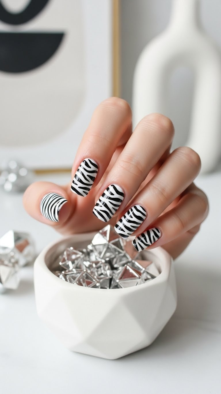 Dynamic zig zag zebra print almond nails on geometric white ceramic dish with silver shapes