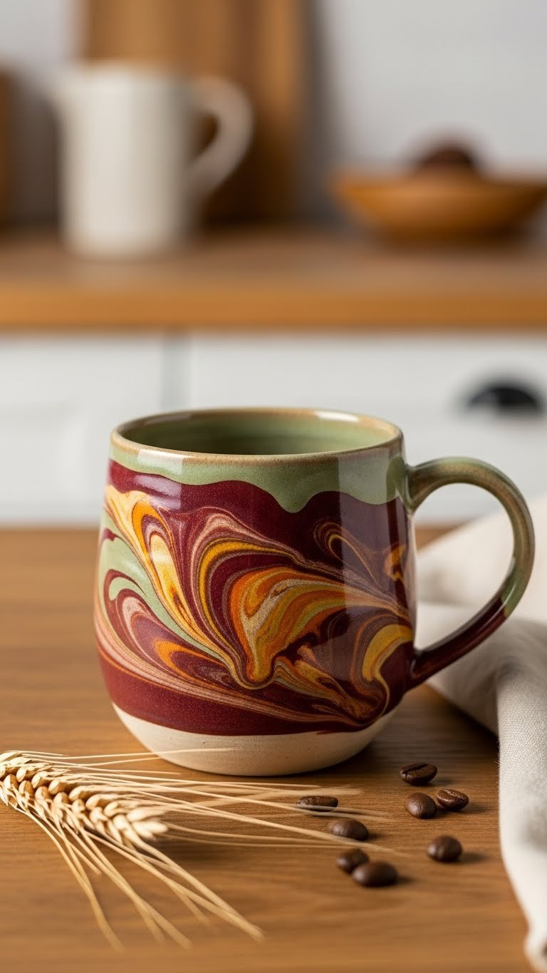 Earthenware ceramic mug with burgundy, gold, and brown marbled harvest swirl pattern on rustic table