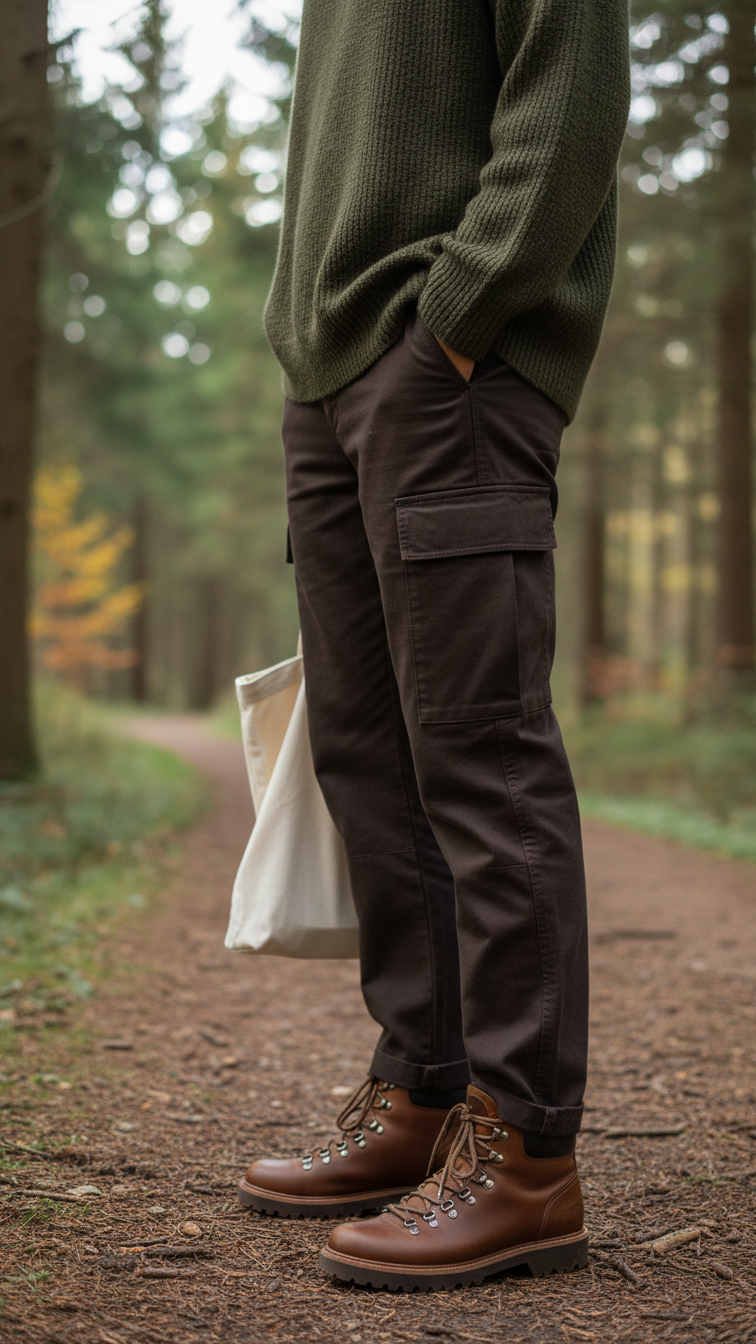 Earthy outfit featuring olive green oversized sweater and dark brown cargo pants in natural forest setting