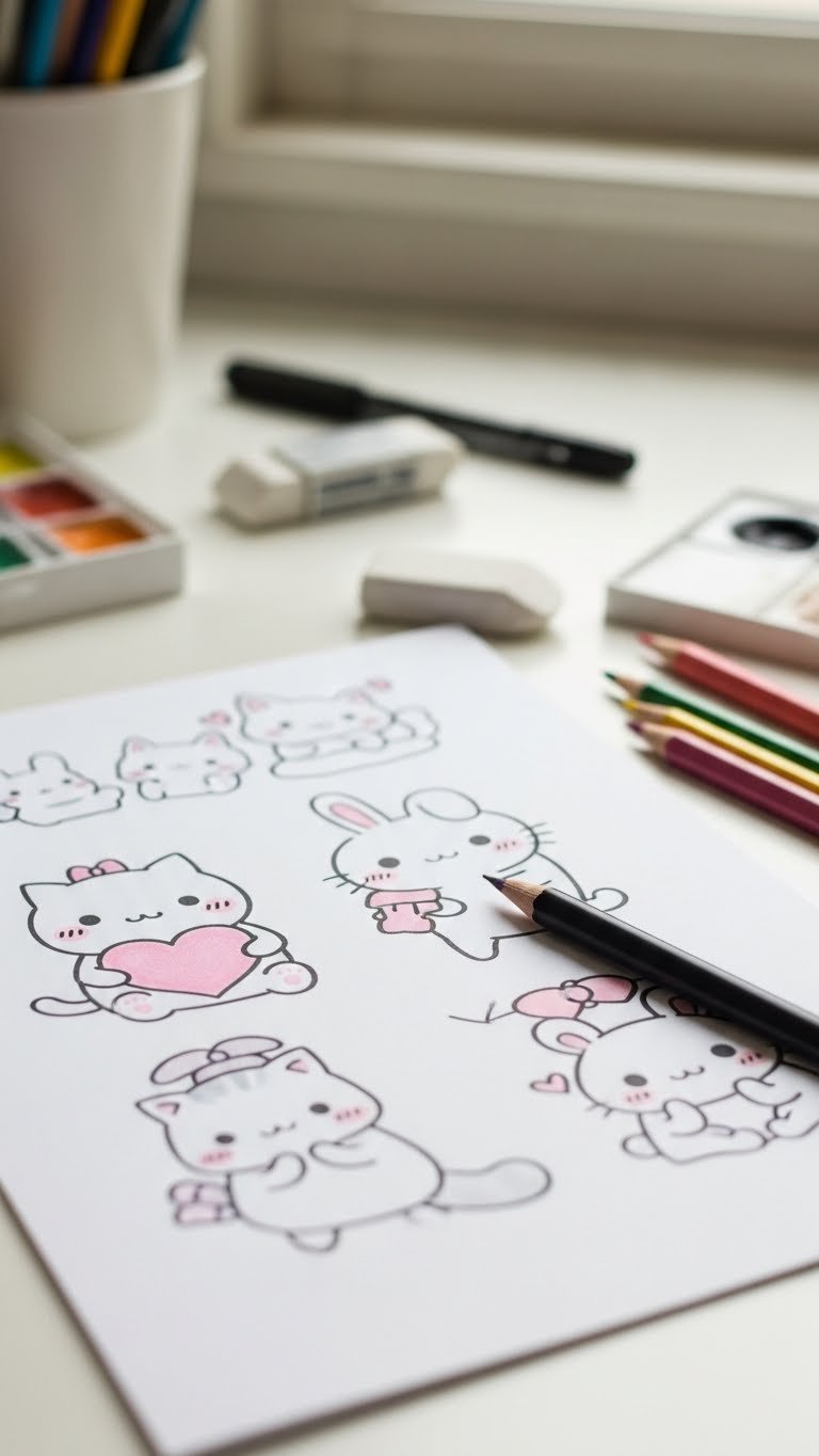 Easy kawaii character drawings of cute animals with oversized heads and heart poses on white paper with pastel colored pencils nearby.