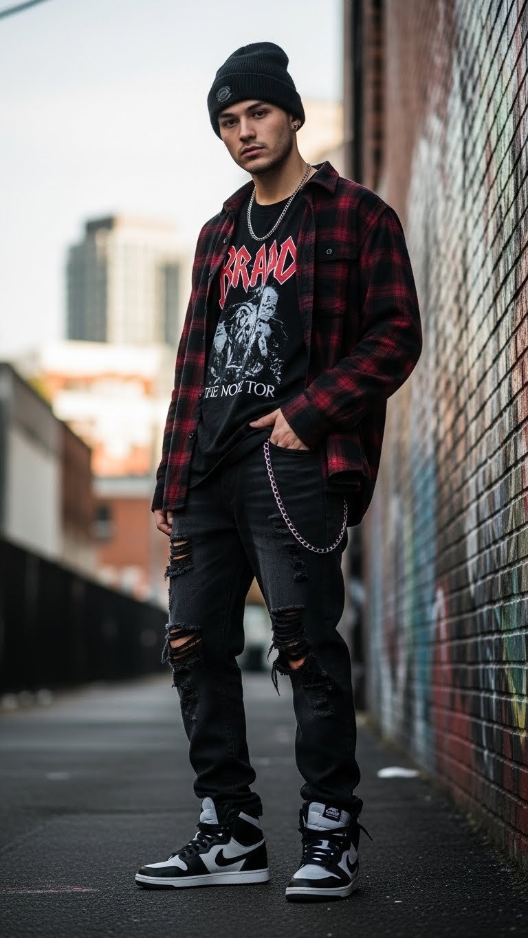 Edgy K-pop streetwear look with distressed black jeans and layered graphic tee in urban alleyway at dusk setting