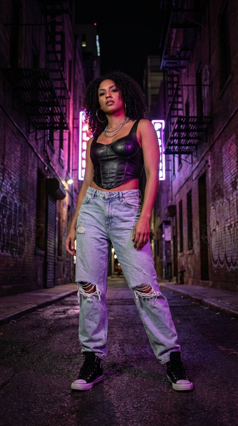 Edgy Latina woman wearing faux leather corset top and ripped jeans posing in urban alley with neon lights
