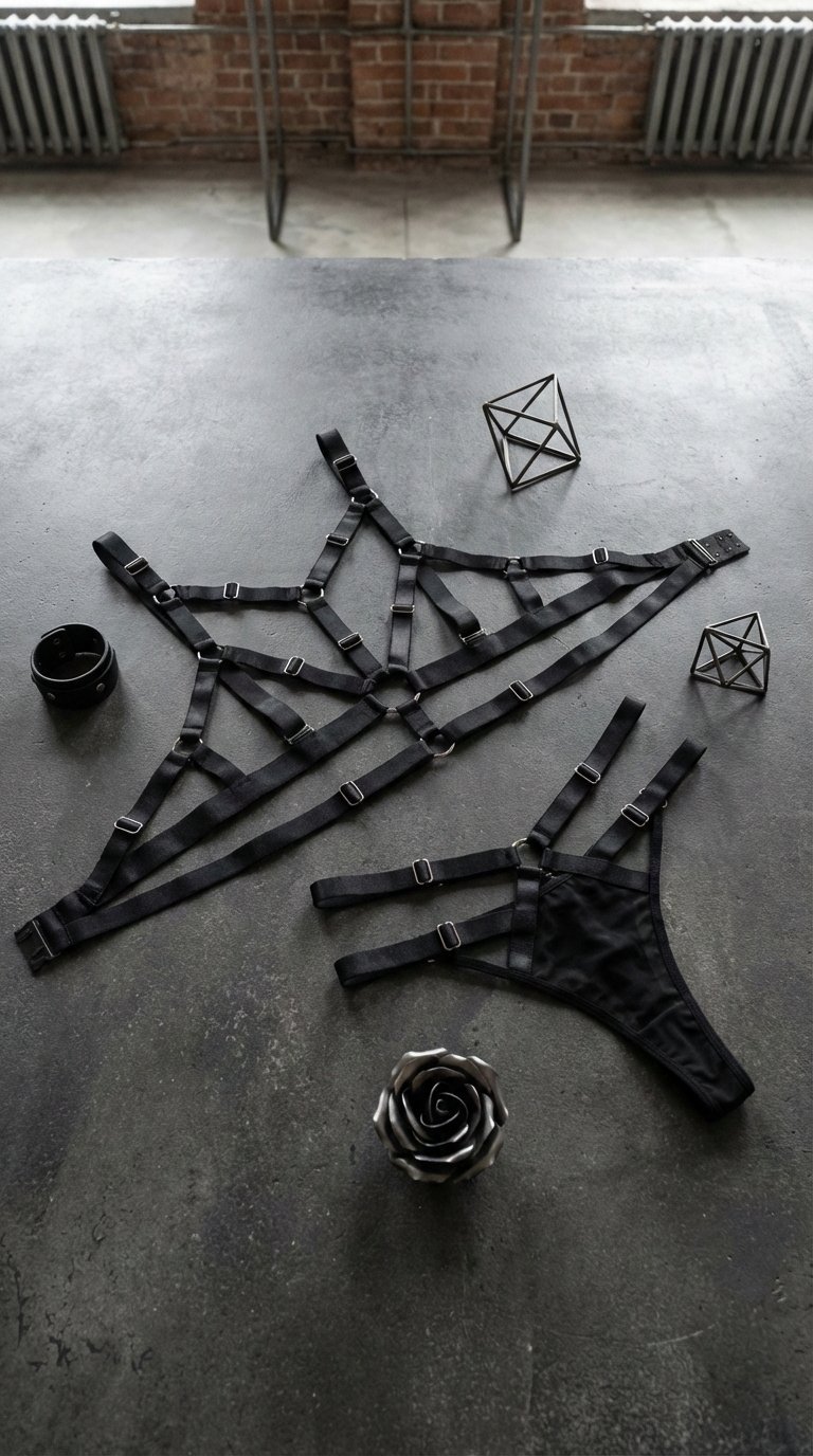 Edgy black strappy harness lingerie with geometric design laid out on dark textured concrete surface