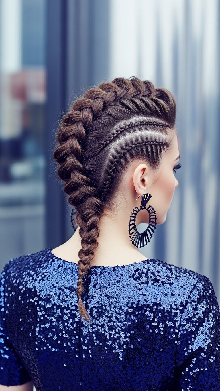 Edgy braided faux hawk hairstyle with intricate center braiding against cityscape backdrop