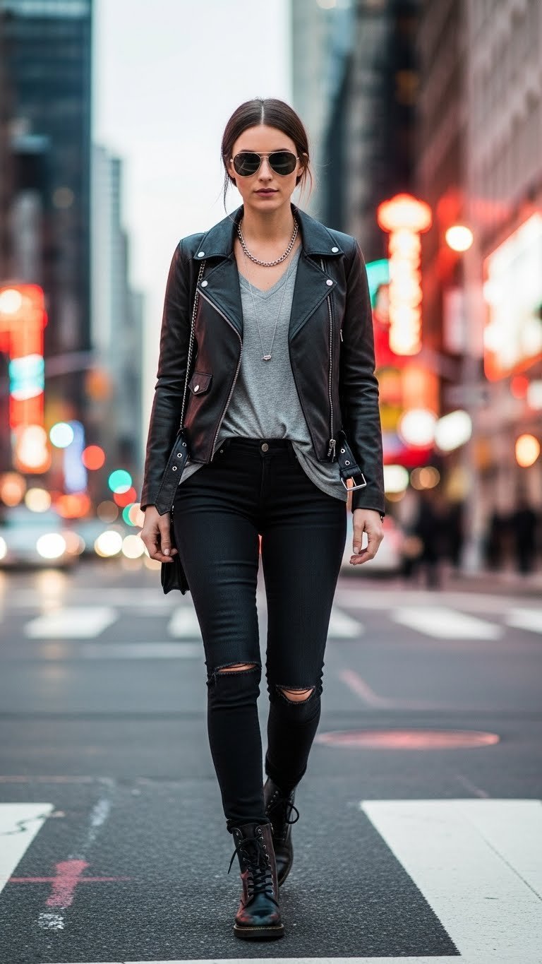 Edgy city outfit with black leather moto jacket over grey tee and distressed skinny jeans at twilight