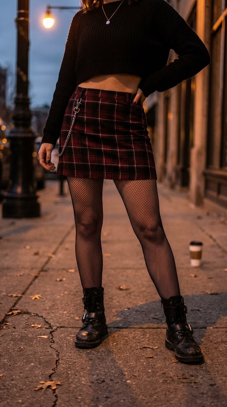 Edgy downtown look featuring plaid mini skirt, black cropped sweater, and combat boots with fishnet tights on city sidewalk