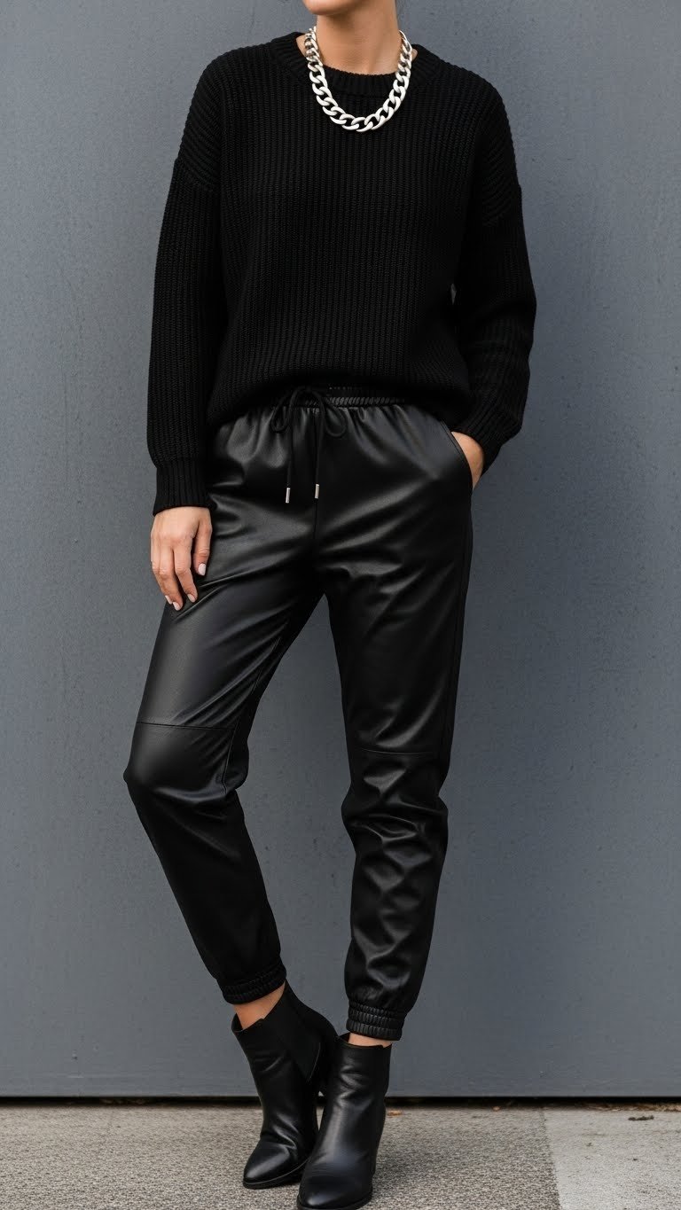 Edgy monochromatic outfit showcasing black leather joggers and cashmere sweater against textured grey wall