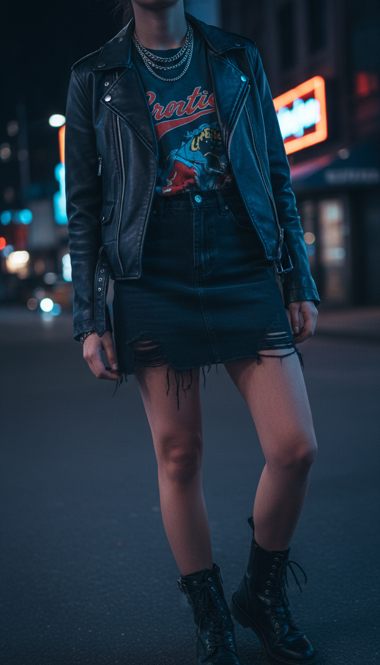 Edgy night-out outfit featuring black leather biker jacket over graphic tee and distressed denim mini skirt on city street