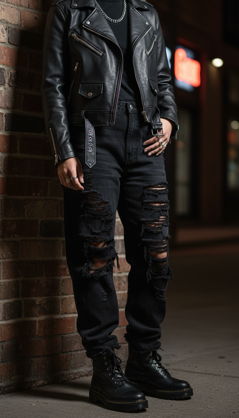Edgy night-out outfit with black ripped baggy jeans and black leather moto jacket against brick wall