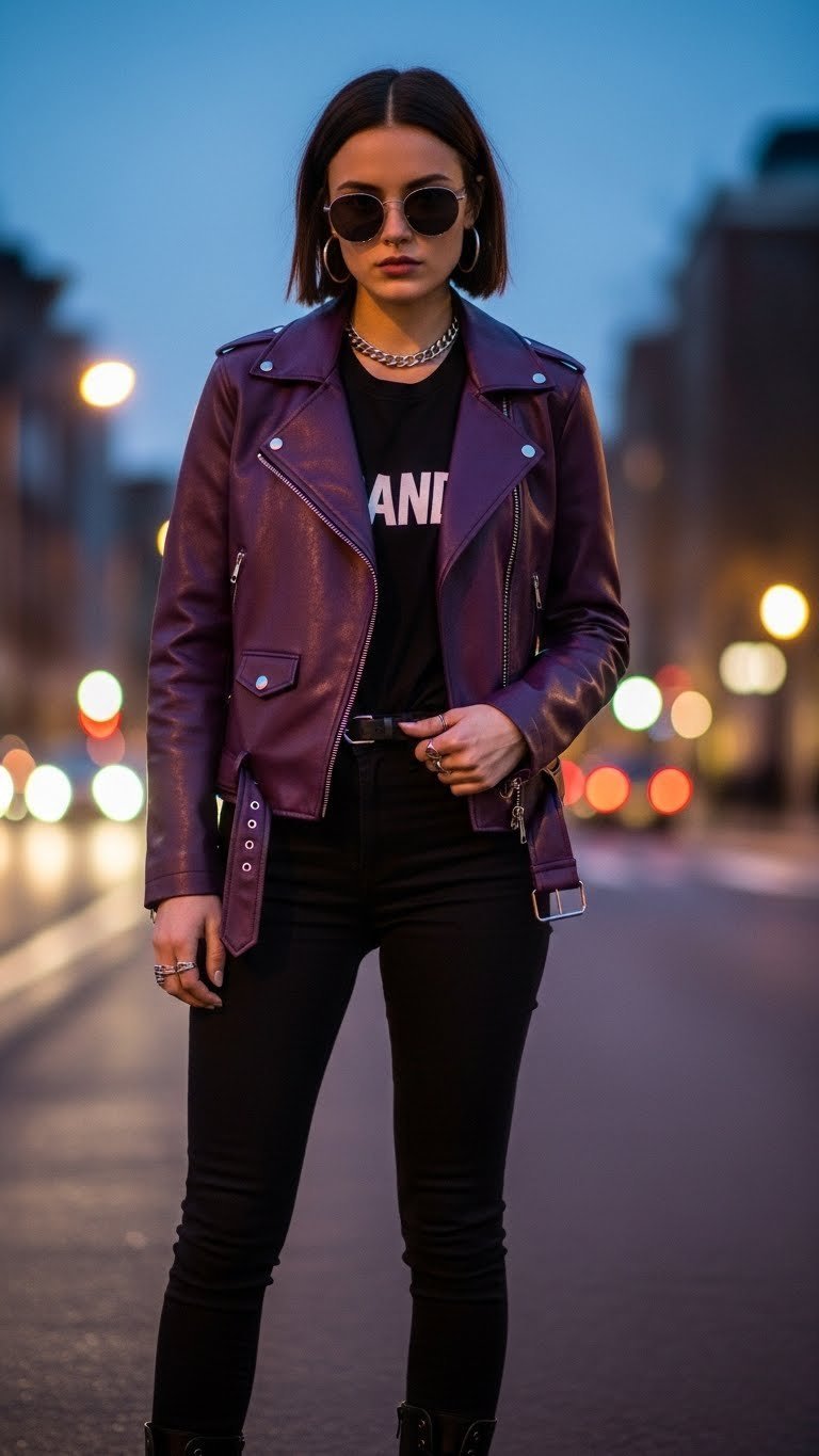 Edgy street style look featuring dark purple faux leather moto jacket with silver hardware at nighttime city setting