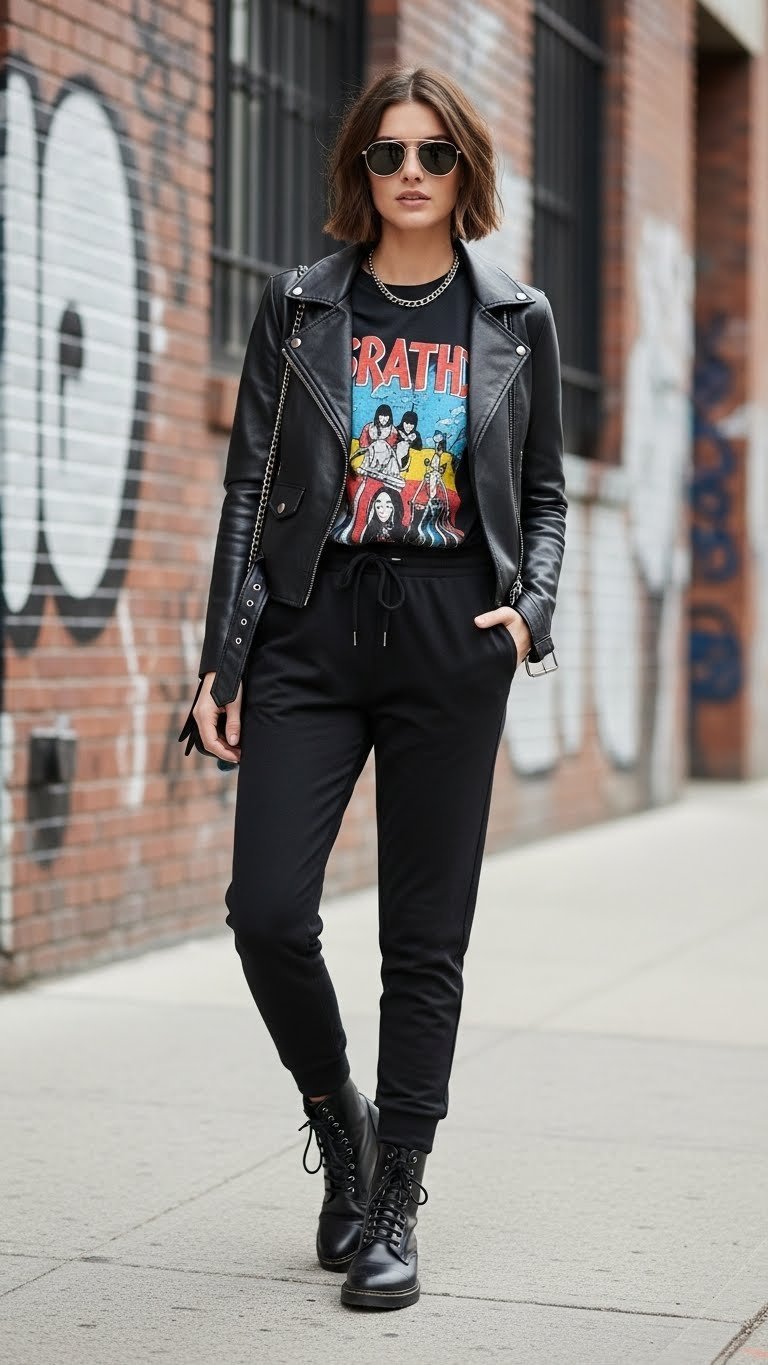 Edgy street style look featuring slim black joggers with vintage band tee and faux leather moto jacket