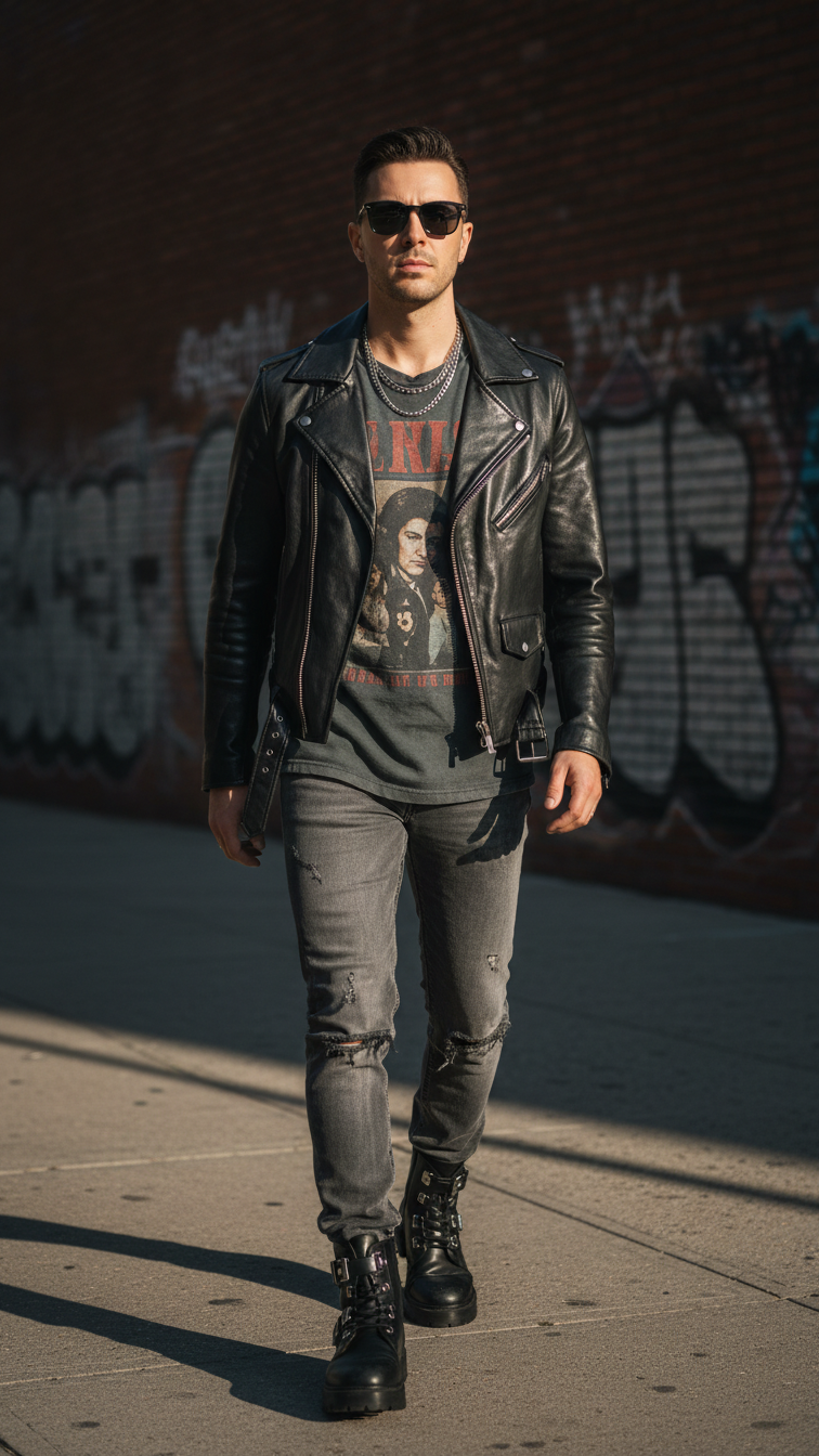 Edgy street style person wearing black leather jacket with ripped grey jeans on urban city street