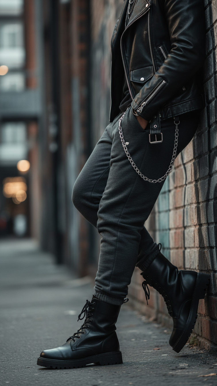 Edgy street style with cuffed dark grey joggers, black leather biker jacket, and combat boots against brick wall