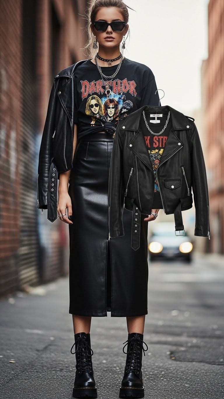 Edgy woman in leather long skirt with band tee and combat boots against urban brick alleyway backdrop