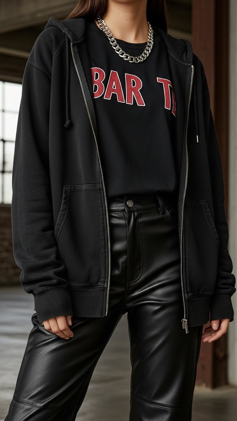 Edgy woman wearing vintage black hoodie with leather pants in industrial loft with brick wall