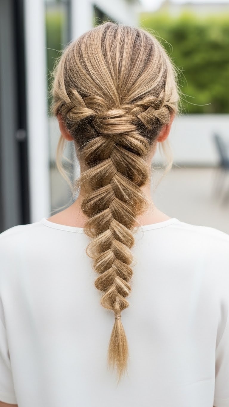 Effortless Dutch braid on medium length hair shown in direct back shot with bright daylight against softly blurred garden setting