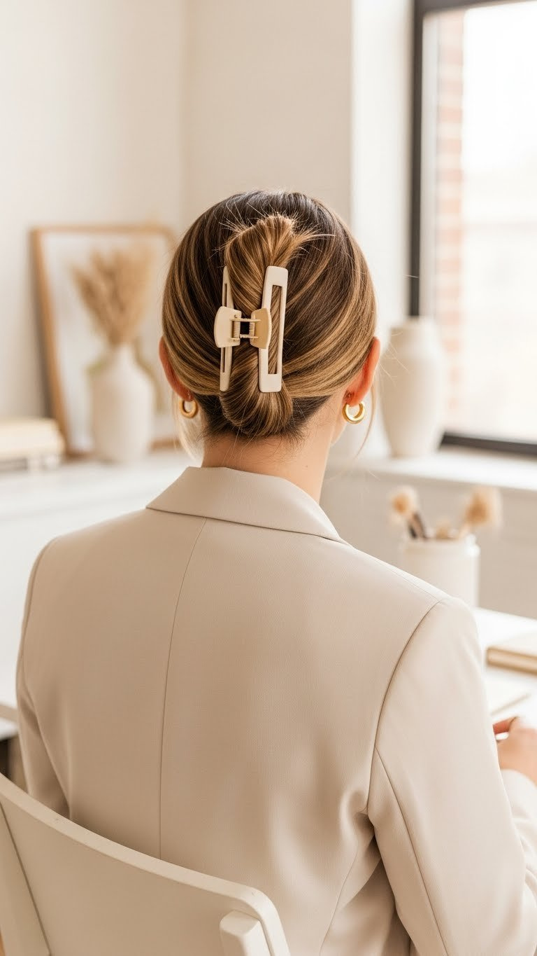 Effortless claw clip updo hairstyle on medium-length hair secured with modern elegant claw clip in professional work setting.