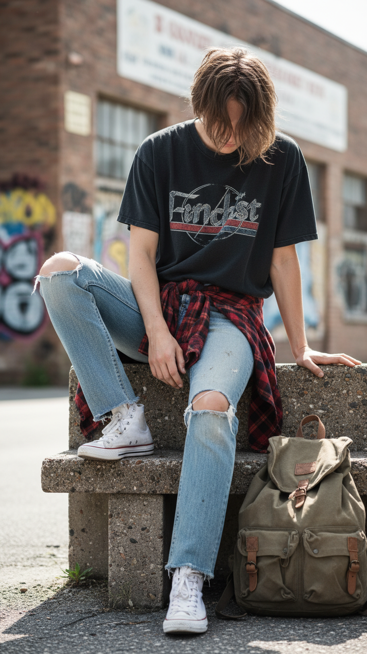 Effortless grunge revival look with oversized vintage band tee and distressed denim jeans against urban brick wall backdrop
