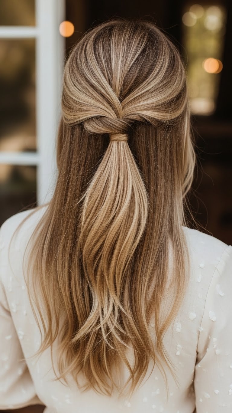 Effortless half-up hairstyle on smooth straight hair with soft twist and flowing lengths in golden hour light