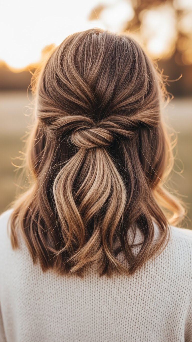 Effortless half-up twisted hairstyle on medium length hair with golden hour lighting