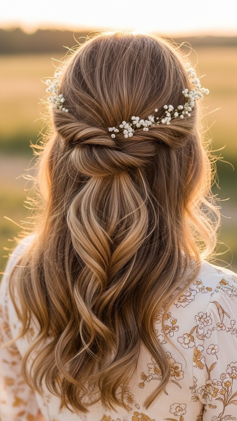 Effortless half-updo hairstyle with elegant twist securing soft flowing waves in golden hour light.