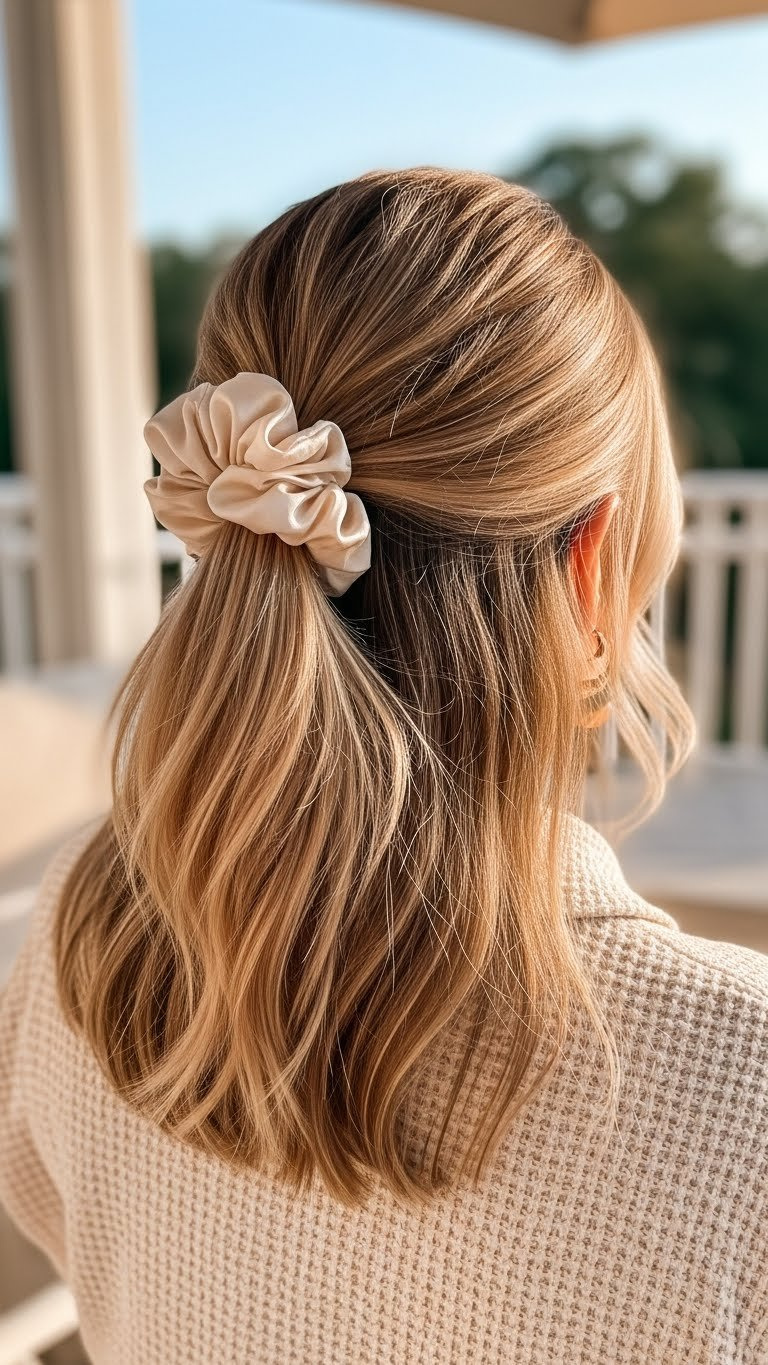 Effortless half-updo secured with silk scrunchie on wavy hair with free-flowing ends in golden hour light.