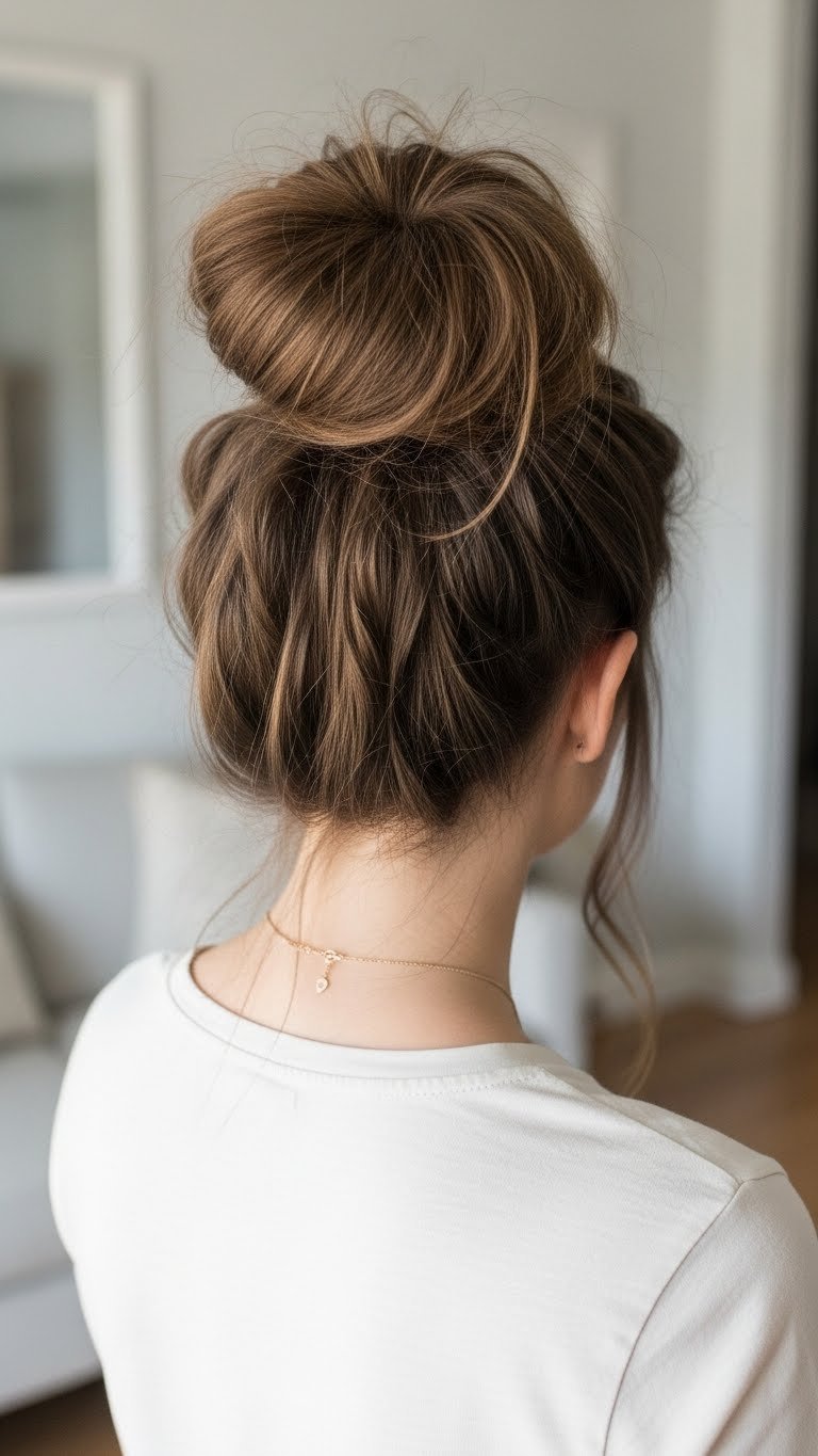 Effortless messy bun hairstyle with loose strands and voluminous texture on brown hair in home setting